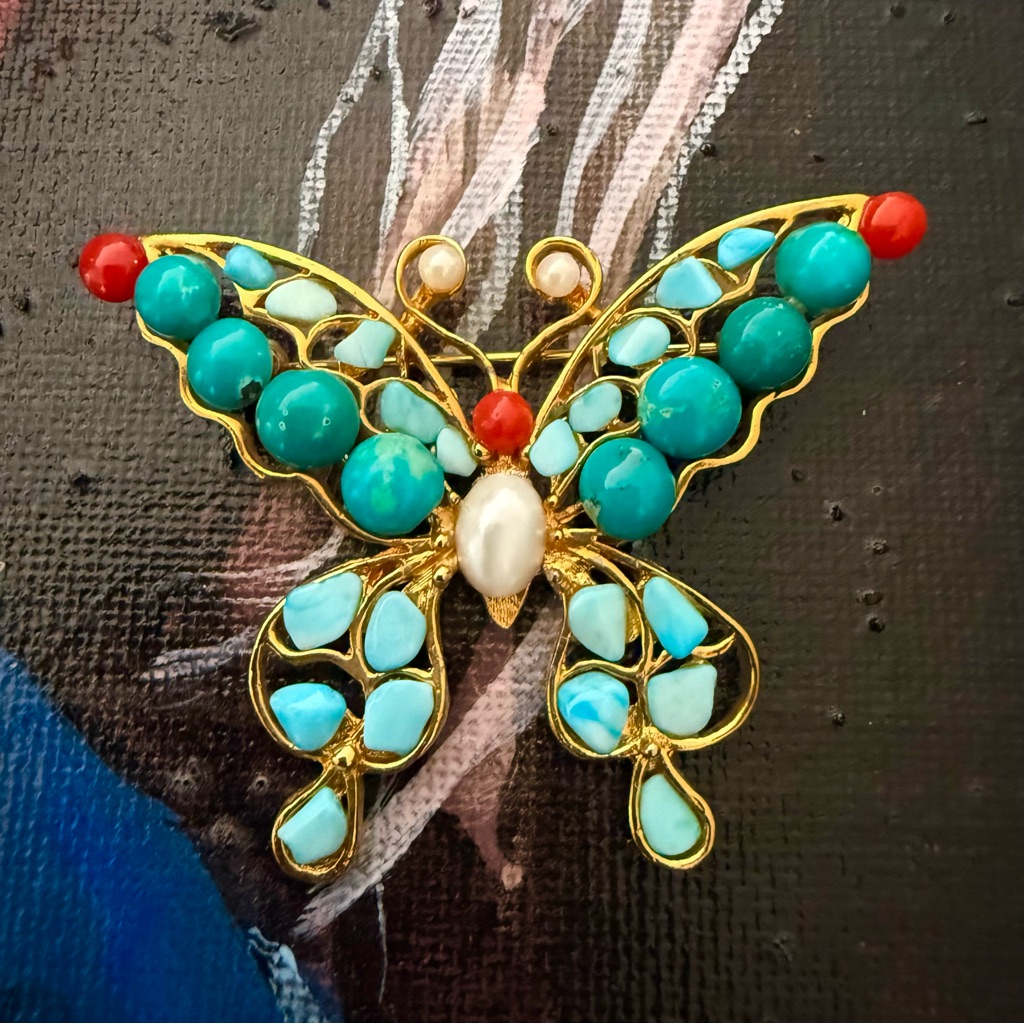 Vintage Swoboda Multicolor Genuine Turquoise Coral Pearl Butterfly Brooch